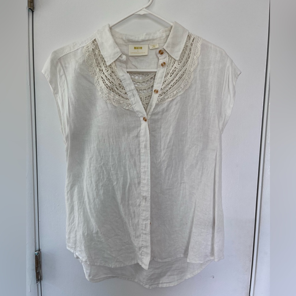 Maeve by Anthropologie White Lace-Trim Linen Button Down Top